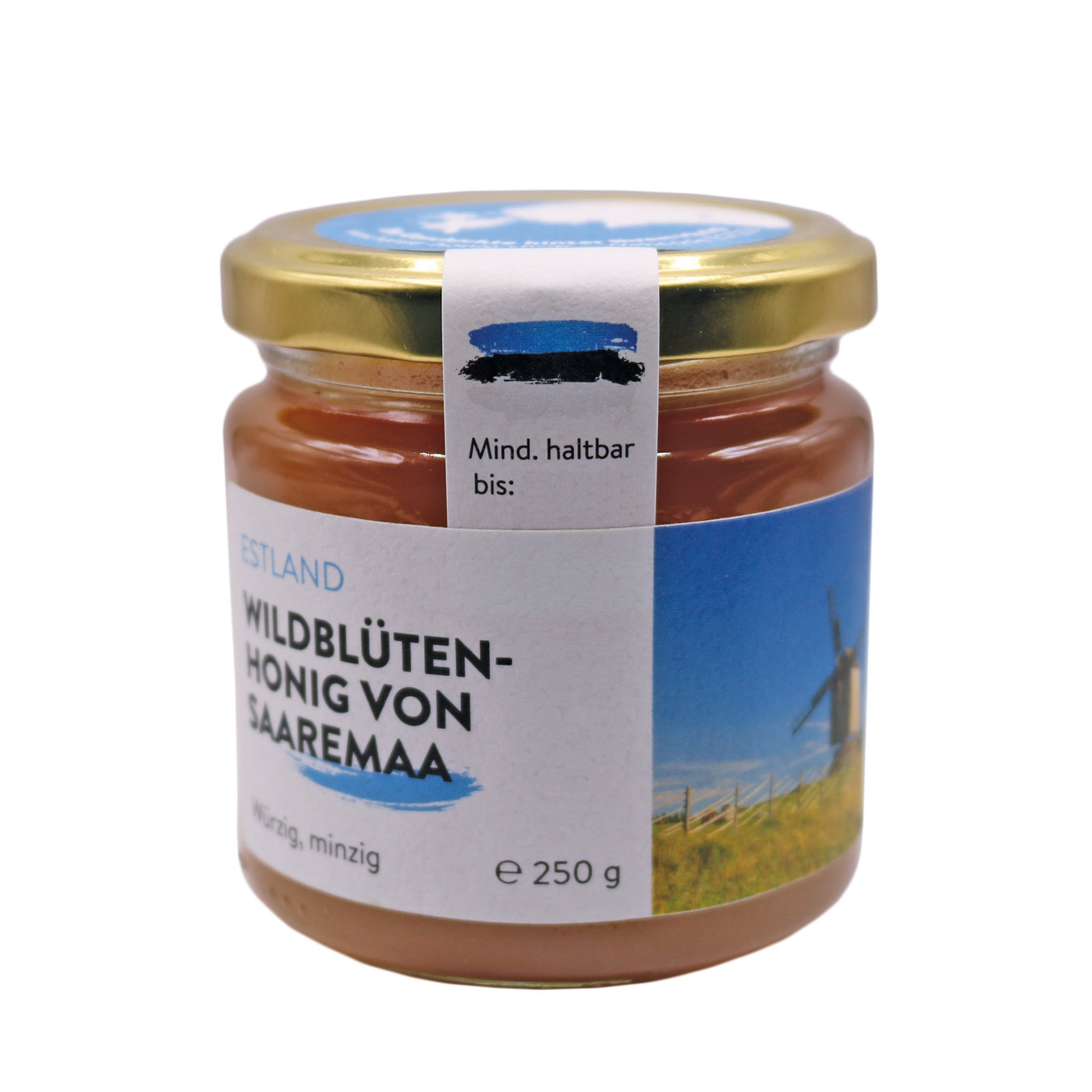 Ein Glas estnischer Wildblütenhonig von Saaremaa, 250g, mit einem Etikett, das die Herkunft und Haltbarkeit des Honigs zeigt. Der Honig hat eine würzige und minzige Geschmacksnote.