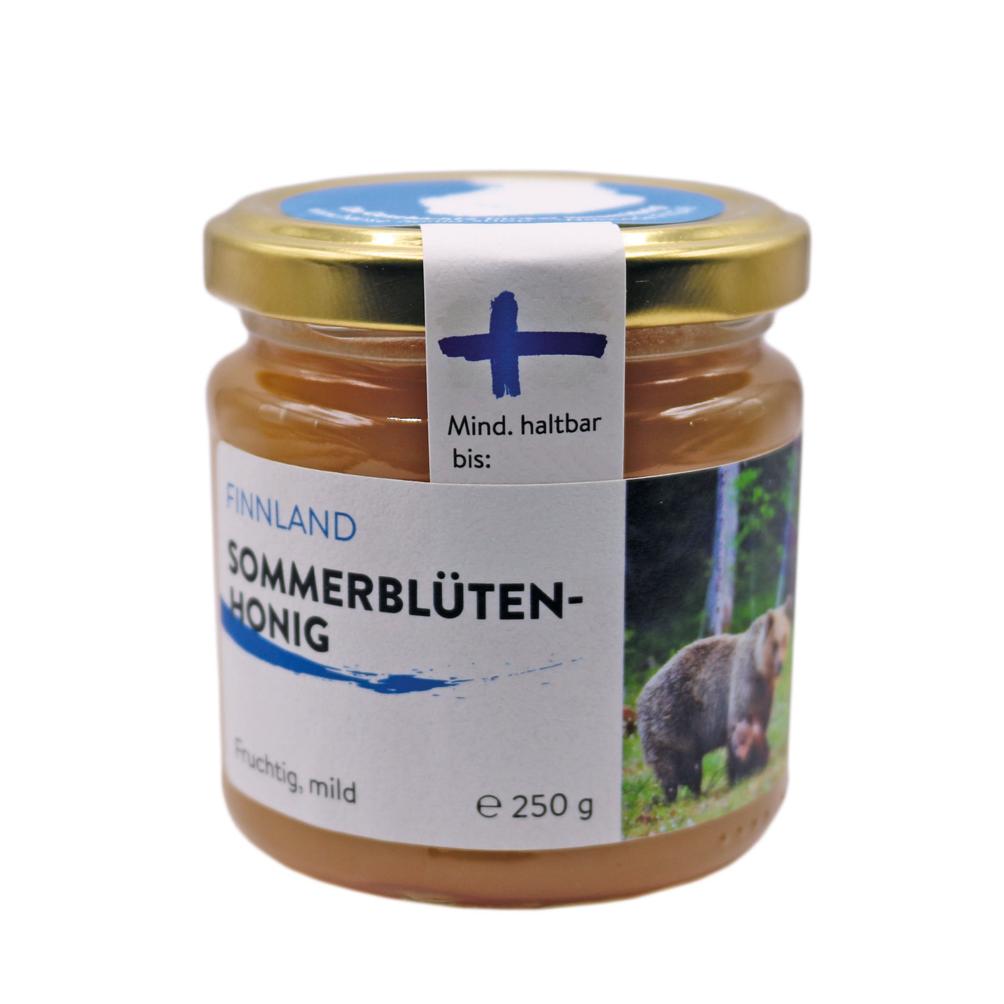 250g Glas Finnischer Sommerblütenhonig, mild und fruchtig, mit einem Etikett, das die finnische Flagge und einen Bären in einer Waldlandschaft zeigt.