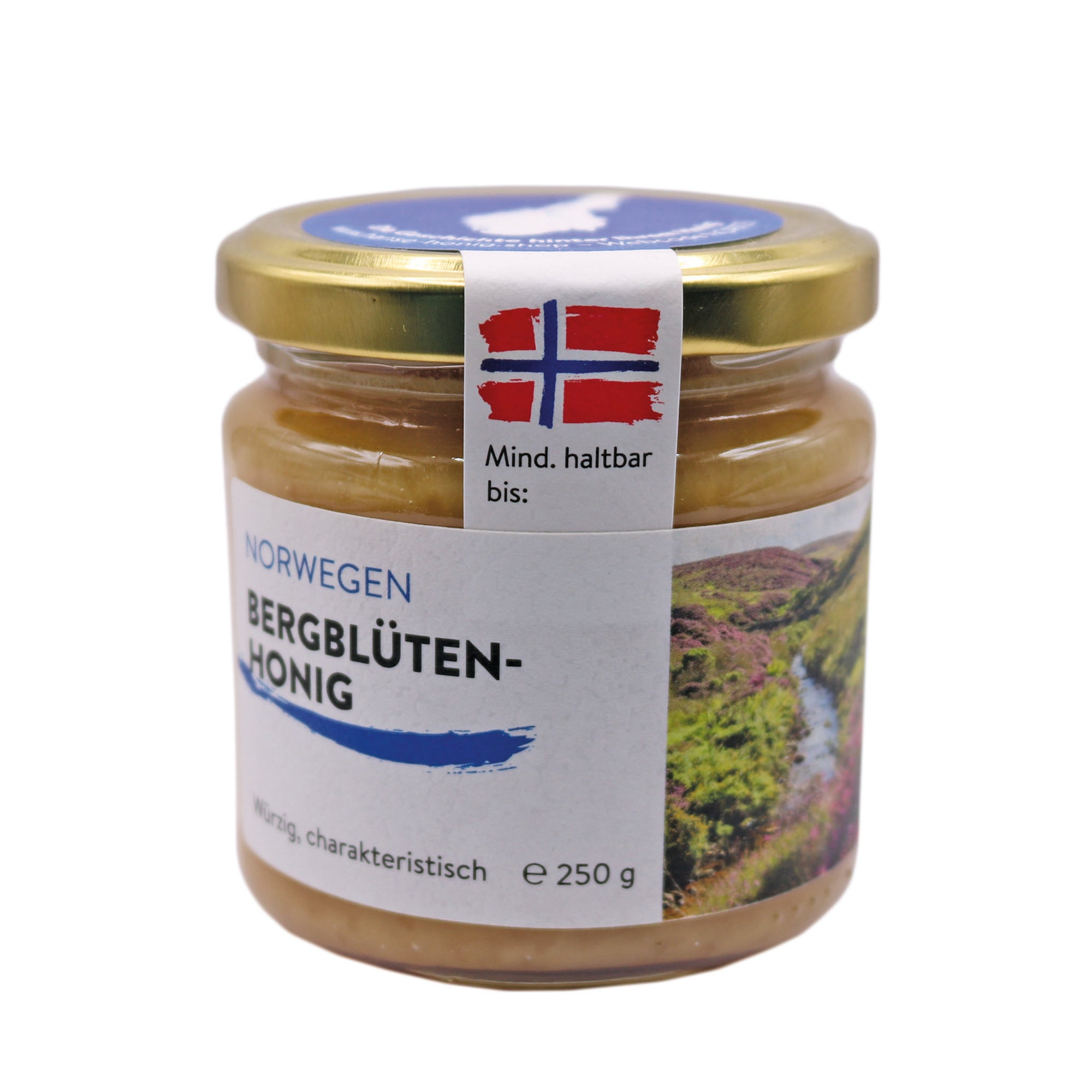 Ein Glas Norddeutscher Bergblütenhonig (250g), gewonnen aus den Hochebenen Norwegens, mit kräftigem, charakteristischem Geschmack und einer Abbildung einer norwegischen Berglandschaft auf dem Etikett.