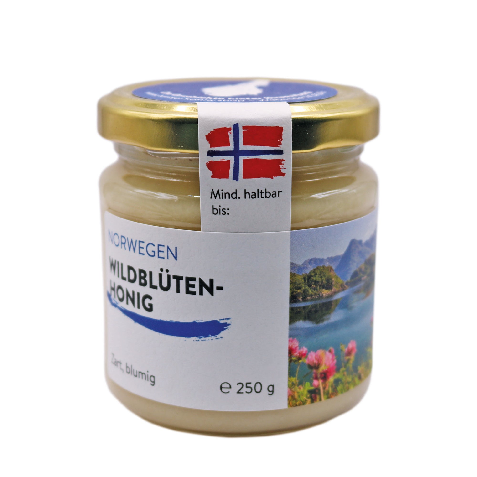 Ein Glas Norwegischer Wildblütenhonig, 250g, mit zartem und blumigem Geschmack, aus den malerischen Tälern Norwegens. Das Etikett zeigt die norwegische Flagge und eine idyllische Landschaft im Hintergrund.
