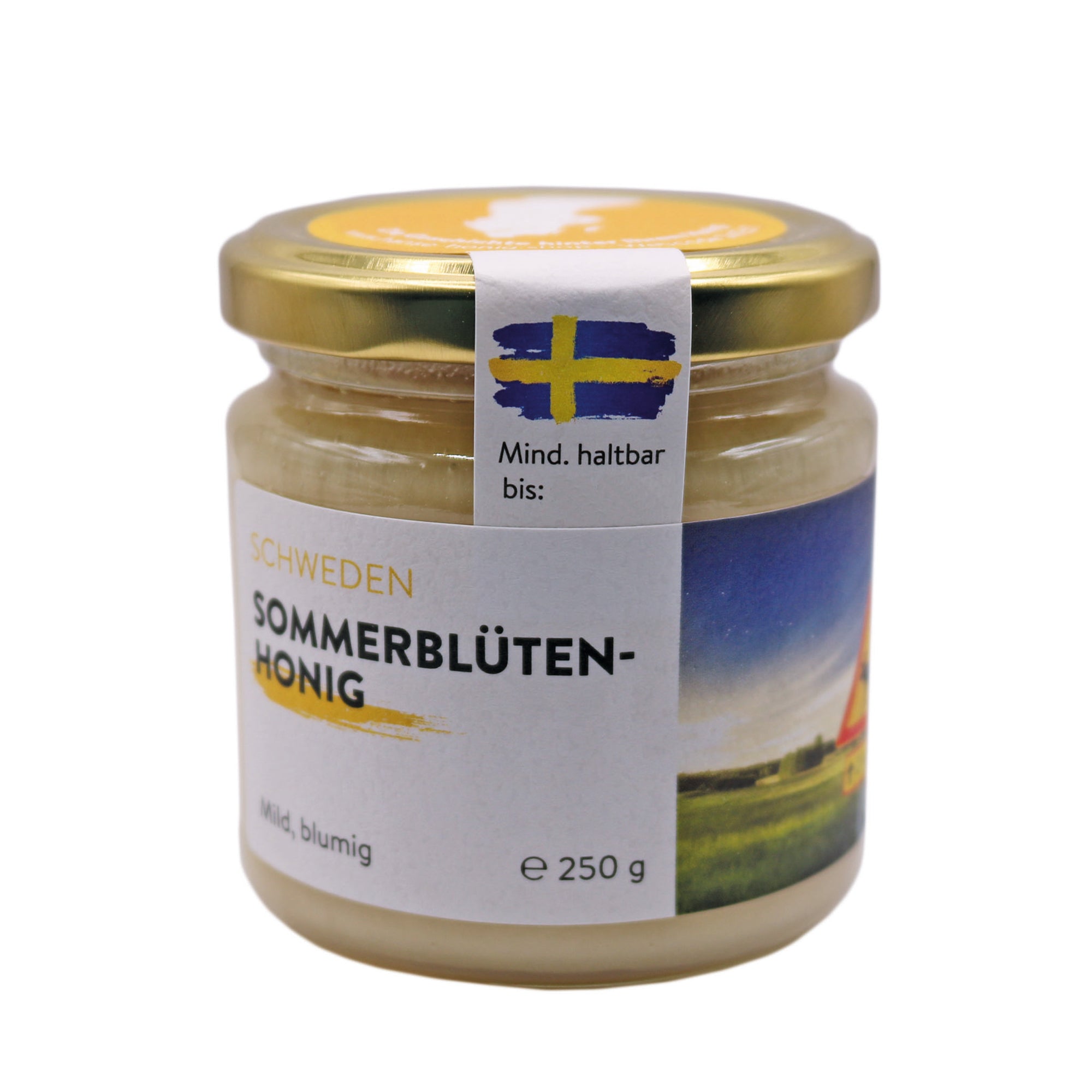 Ein Glas schwedischer Sommerblütenhonig mit 250g Inhalt, auf dem Etikett ist die schwedische Flagge abgebildet. Der Honig ist mild und blumig im Geschmack, gewonnen aus den Sommerblüten der schwedischen Natur.