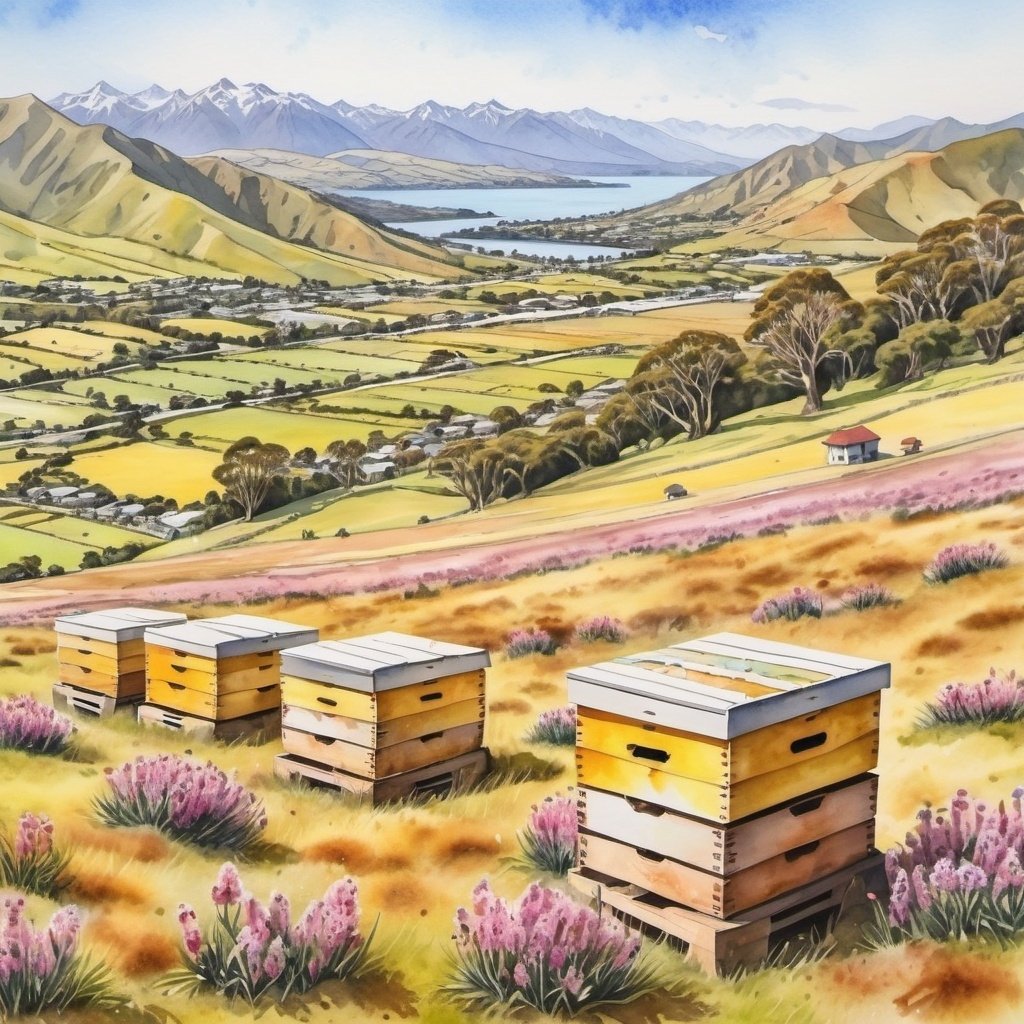 ine malerische Landschaft in Neuseeland mit Bienenvölkern auf grünen Wiesen und sanften Hügeln vor einer beeindruckenden Bergkulisse.