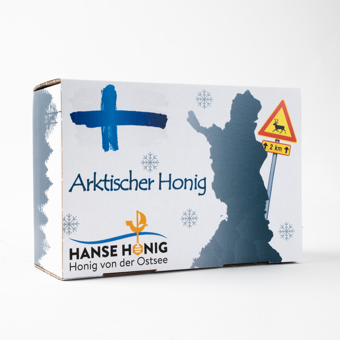 Arktischer Honig Geschenkbox mit nordischem Design.
