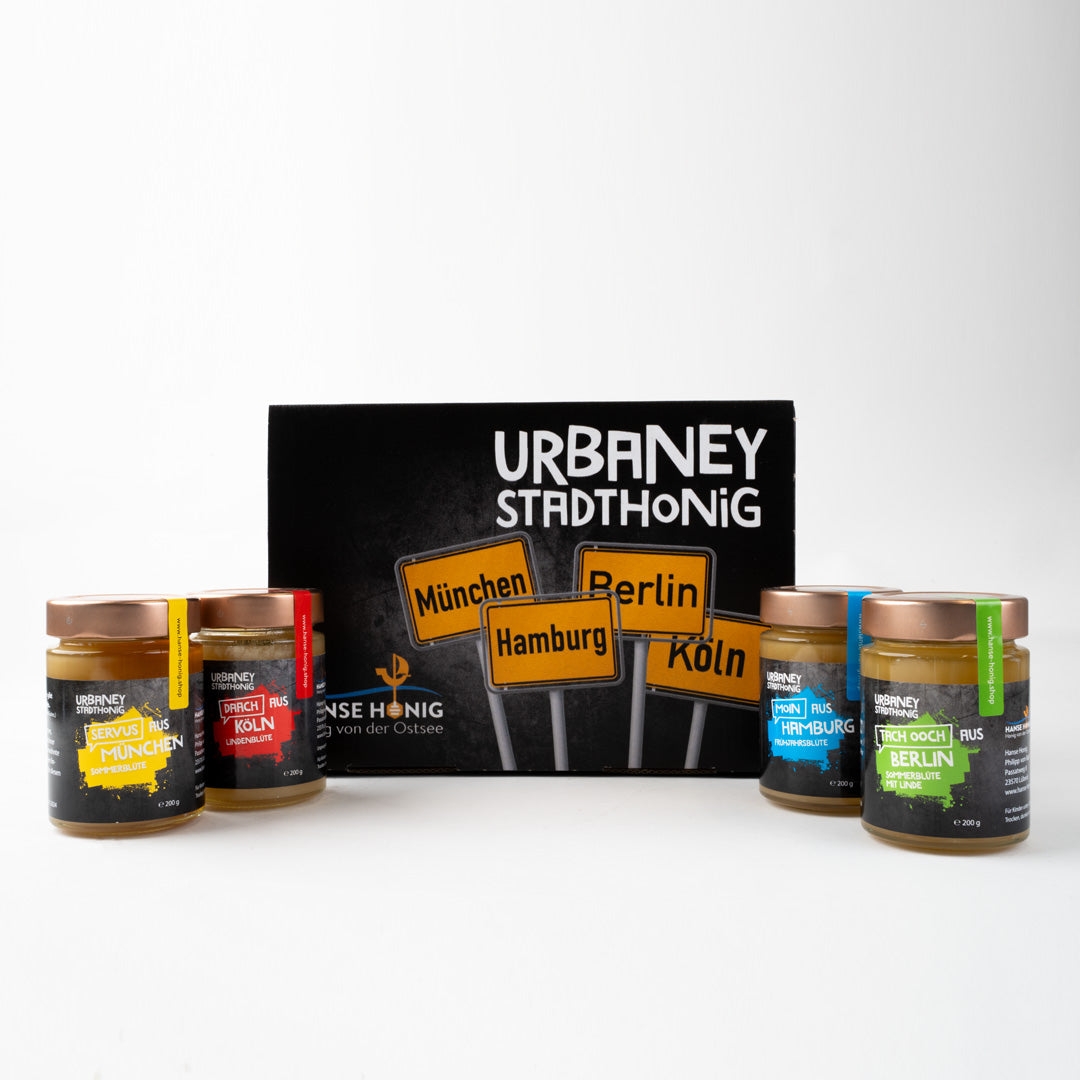 Urbaney Stadthonig Set Verpackung mit Honig aus Hamburg, Berlin, Köln und München