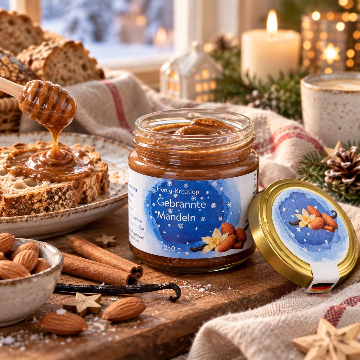 Hanse Honig Winterhonig Gebrannte Mandeln 250 g beim Adventsfrühstück, cremiger Honigaufstrich auf Brot mit Mandeln, Zimt und winterlicher Stimmung