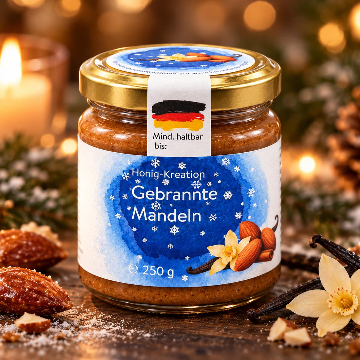 Hanse Honig Winterhonig Gebrannte Mandeln 250 g auf Tisch, cremige Honig-Kreation mit Mandel, Vanille und Zimt