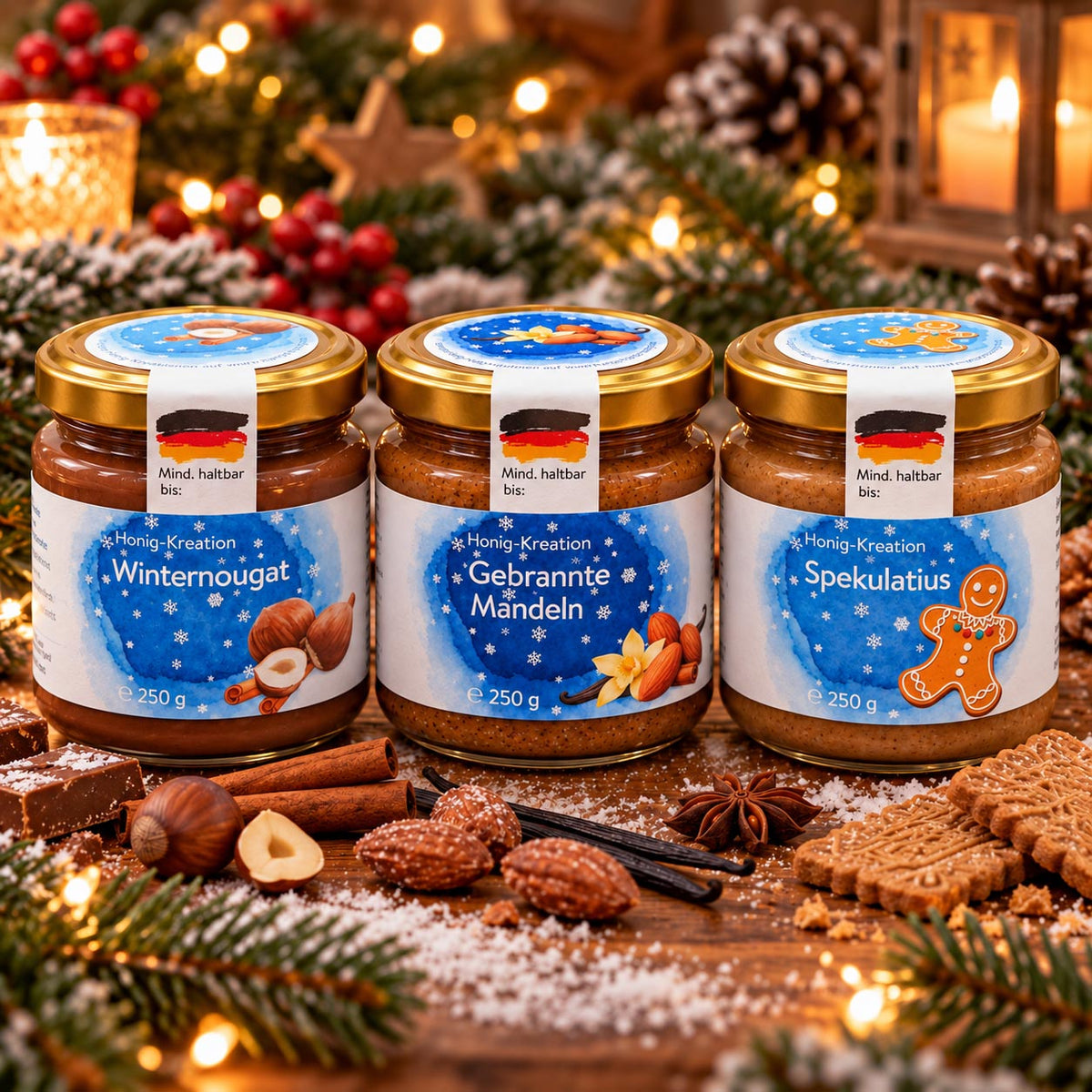 Winterhonig-Trilogie von Hanse Honig mit Gebrannte Mandel, Winternougat und Spekulatius auf einem weihnachtlich gedeckten Tisch