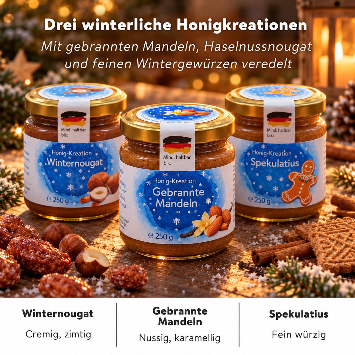 Drei Winterhonige von Hanse Honig: Gebrannte Mandel, Winternougat und Spekulatius mit winterlichen Geschmacksprofilen