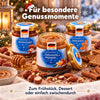 Winterhonig-Trilogie mit Gebrannte Mandel, Winternougat und Spekulatius beim winterlichen Frühstück mit offenem Honigglas