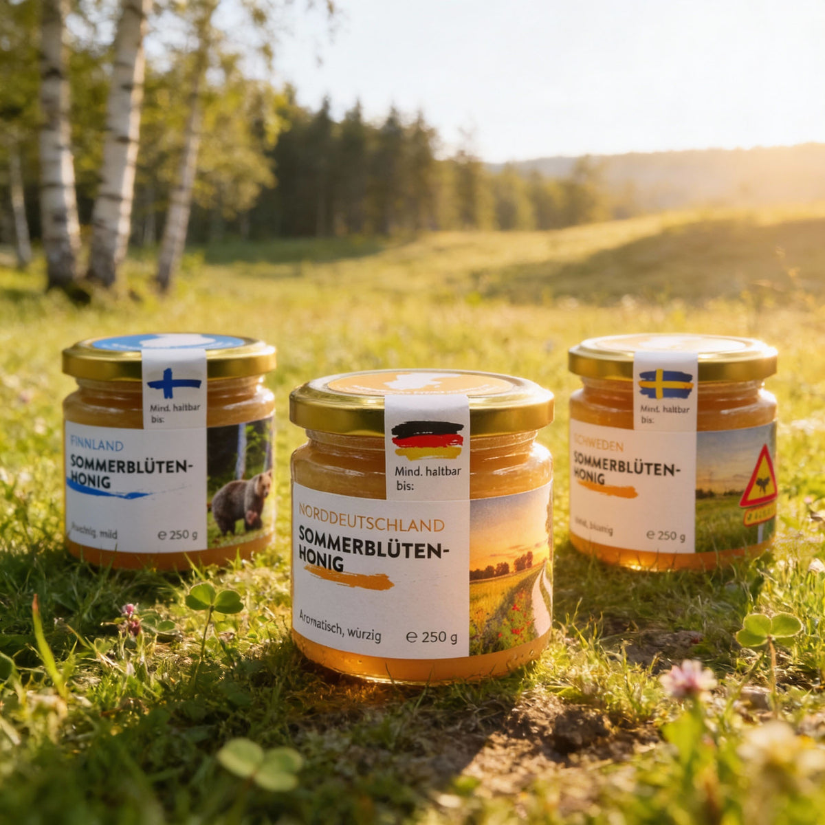 Nordische Sommer Honigtrilogie 3 x 250g, Honig kaufen, Imker-Honig bestellen, Hochwertiger Honig, Lokaler Honig, Rohhonig kaufen, Honig direkt vom Imker –