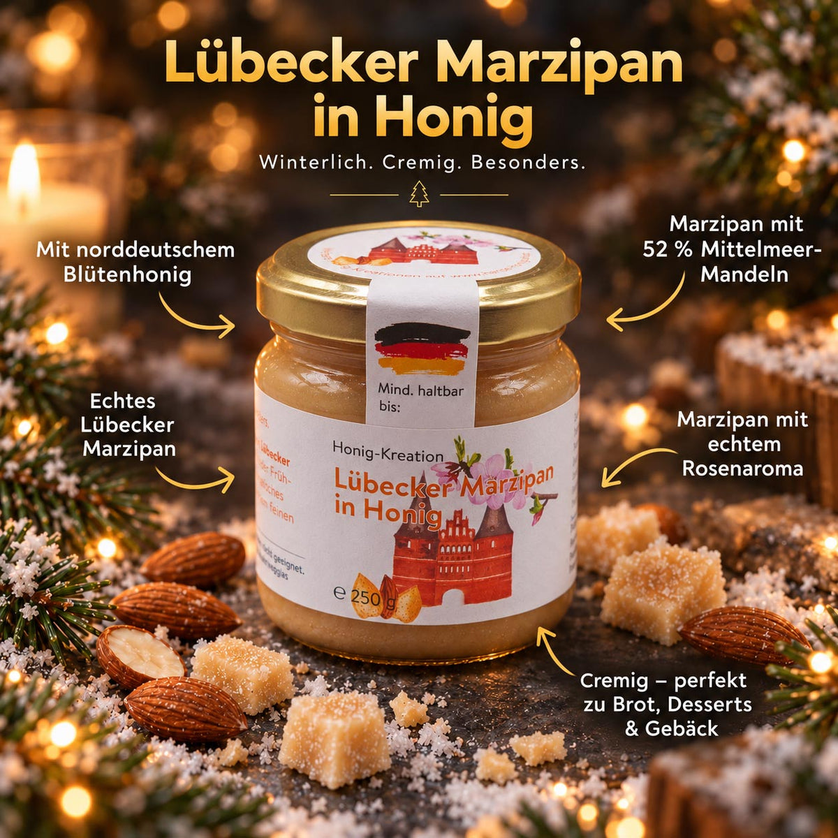 Lübecker Marzipan Honig im Glas mit norddeutschem Blütenhonig und echtem Lübecker Marzipan, winterlich inszeniert