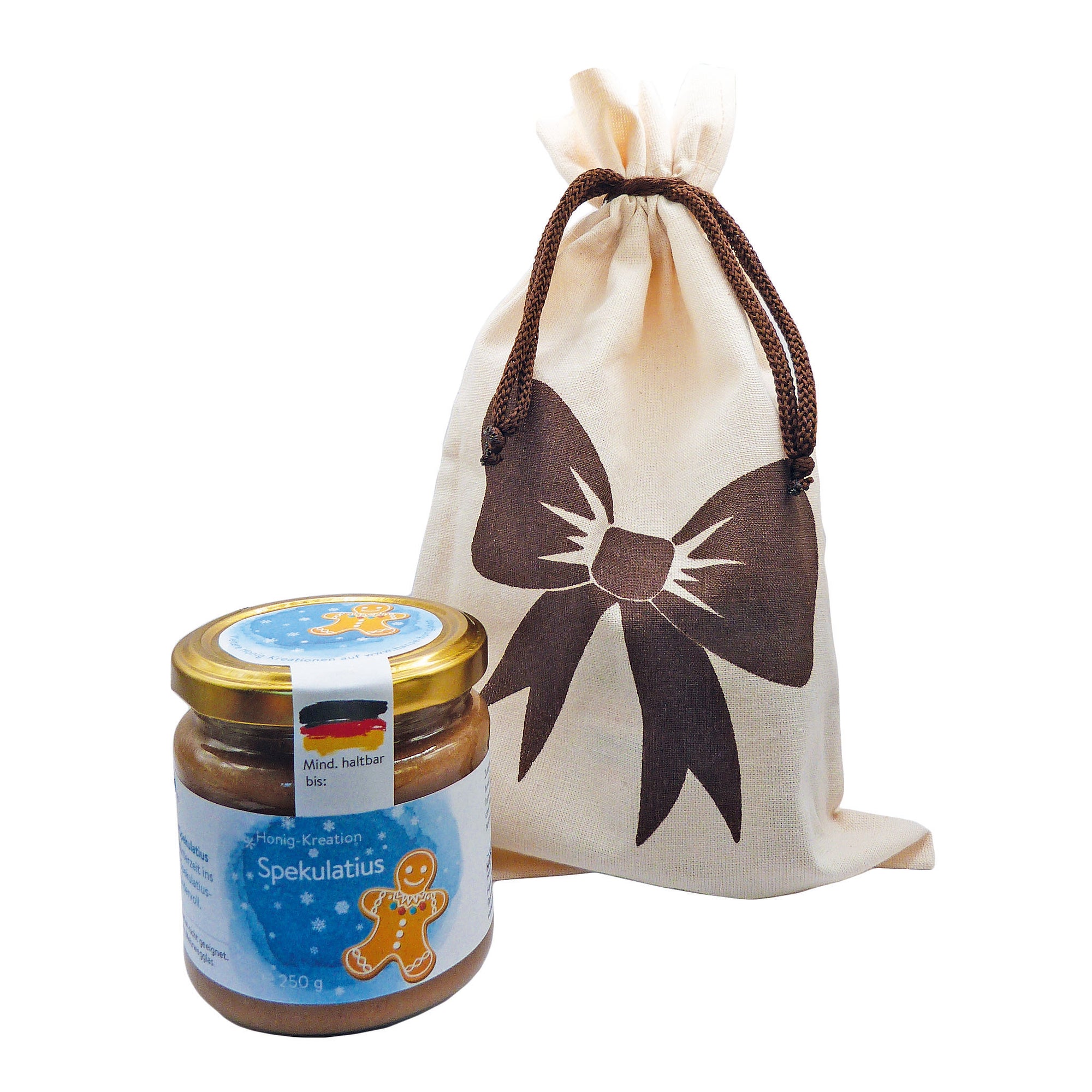 Geschenkset: Spekulatius in Honig im Baumwollsäckchen – Winterhonig (250 g)
