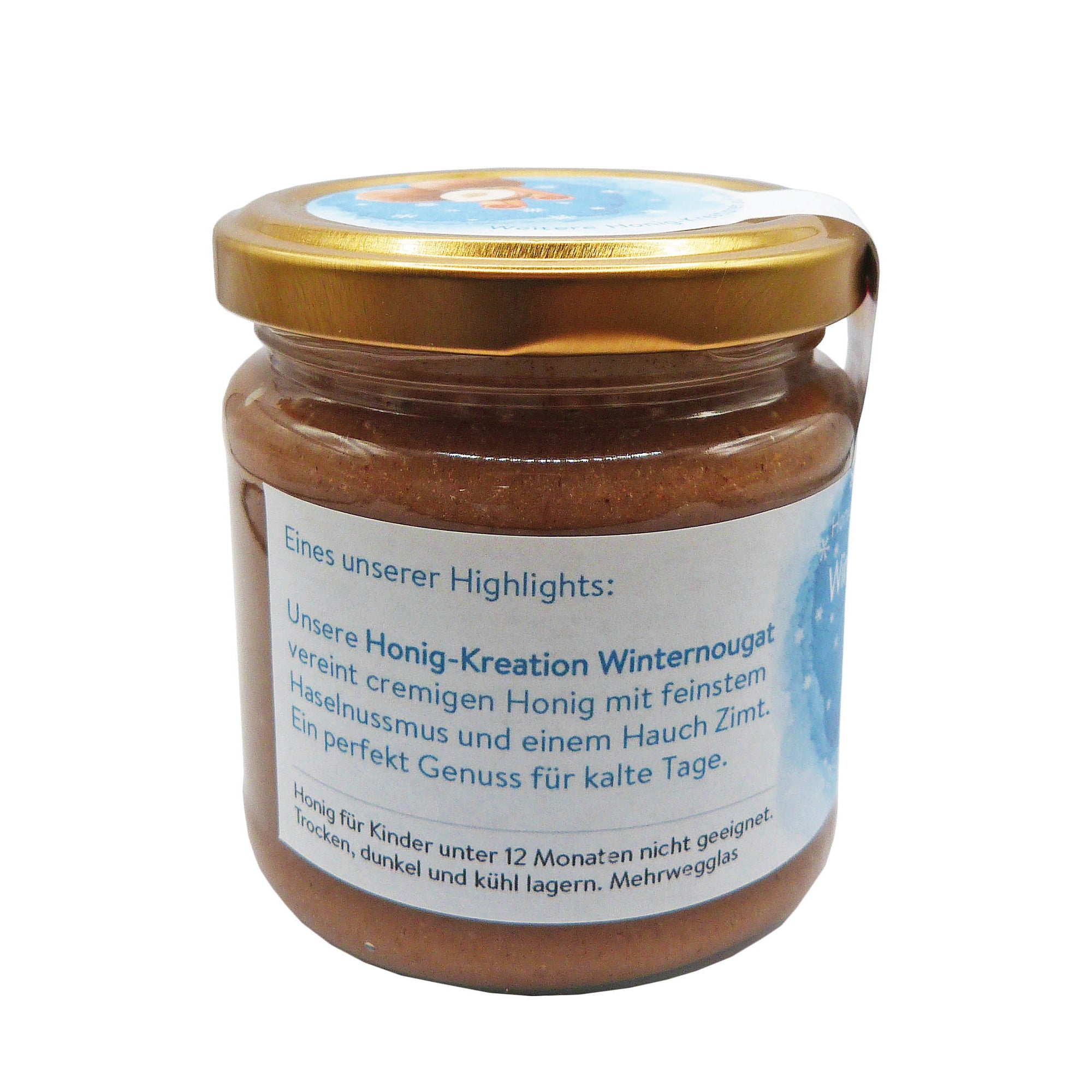 Glas Hanse Honig Winternougat, rechte Seite Etikett– Blütenhonig mit Haselnussmus und Ceylon-Zimt, cremig gerührt, 250 g, handgemachte Winteredition.