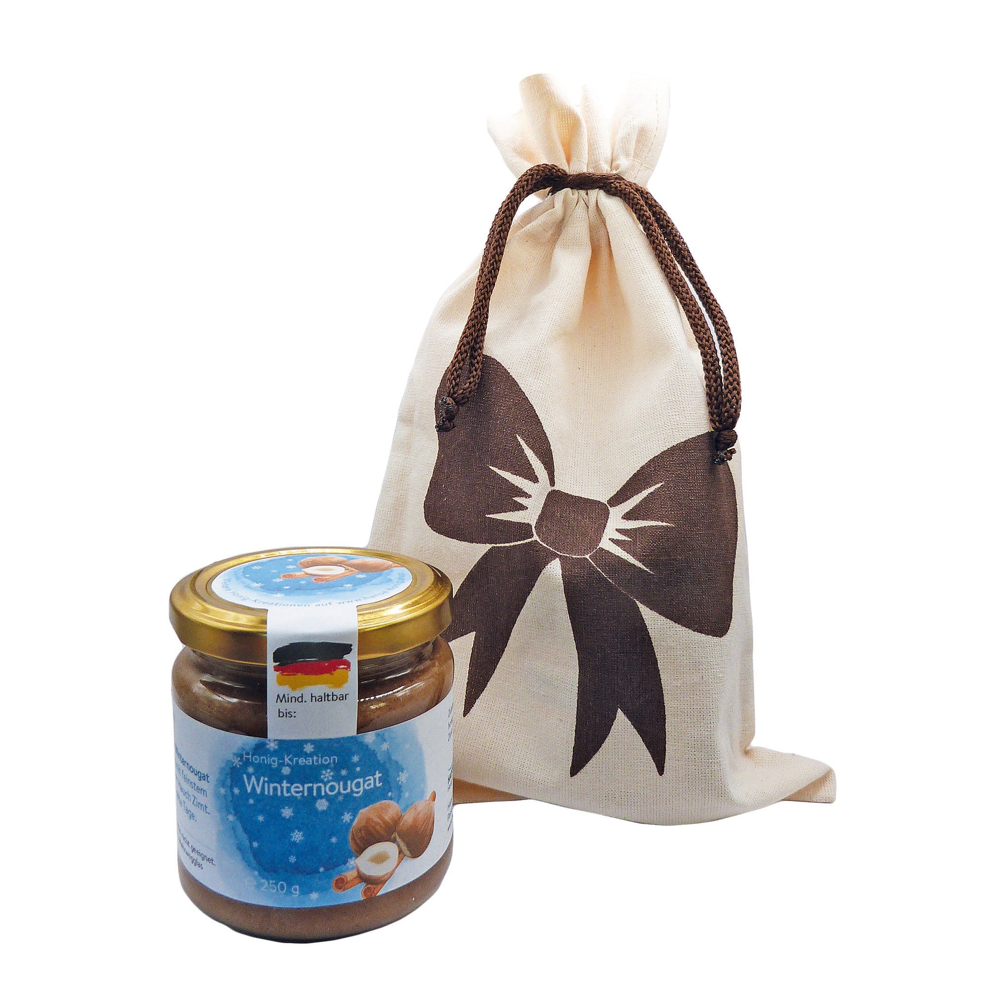 Geschenkset: Winternougat im Baumwollsäckchen - Haselnuss & Zimt in Honig