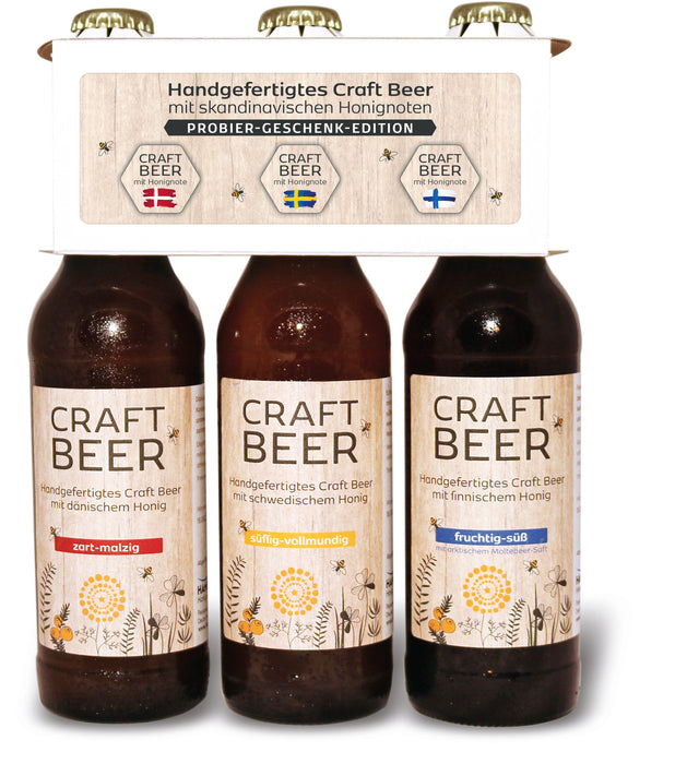 Probier-Geschenk-Edition 1x dänisches, 1x schwedisches, 1x finnisches Craft Beer + Träger - hanse-honig.shop